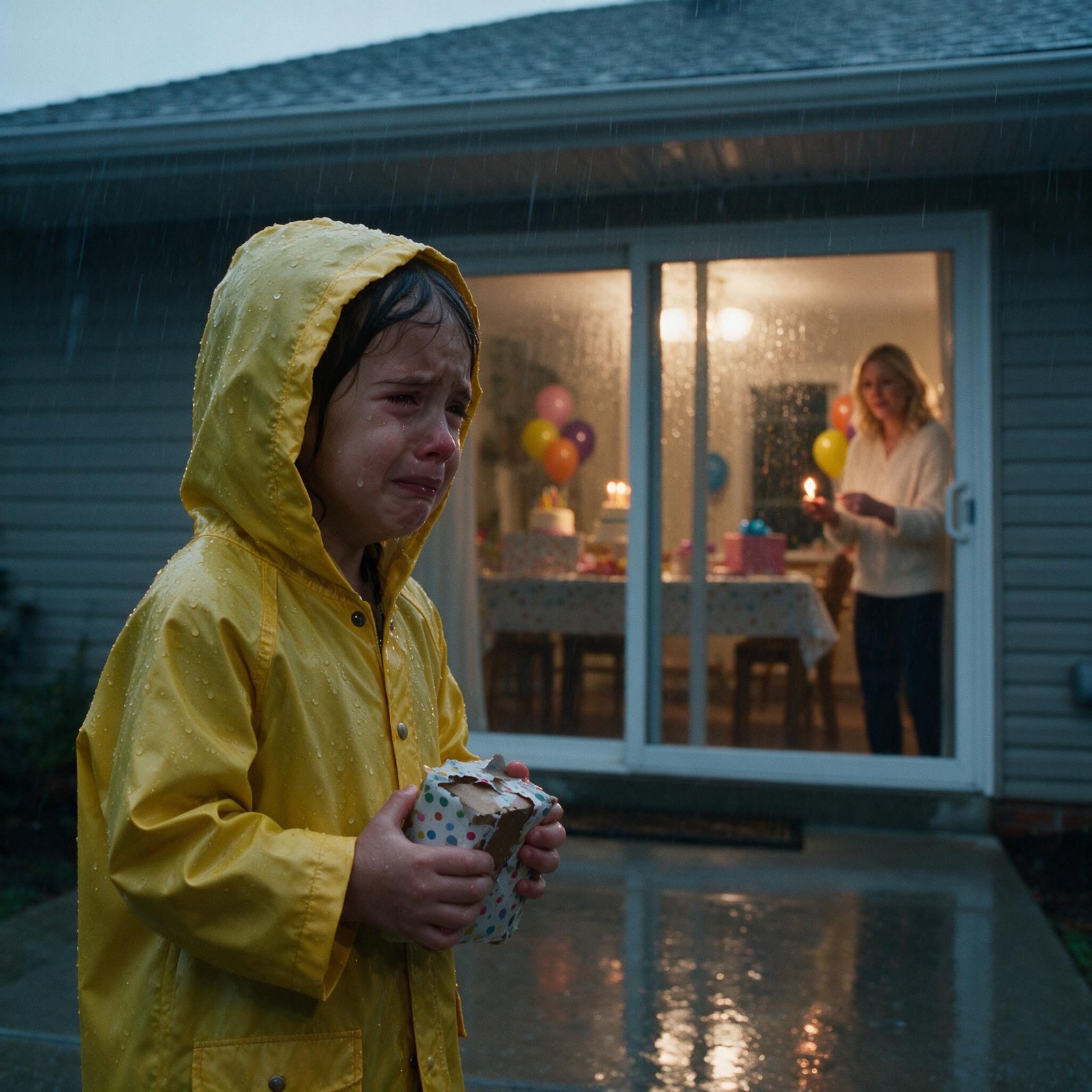 A little girl in a yellow raincoat and pink rain boots standing in the rain outside a glass door, hugging a soggy gift box, while the birthday party glows inside