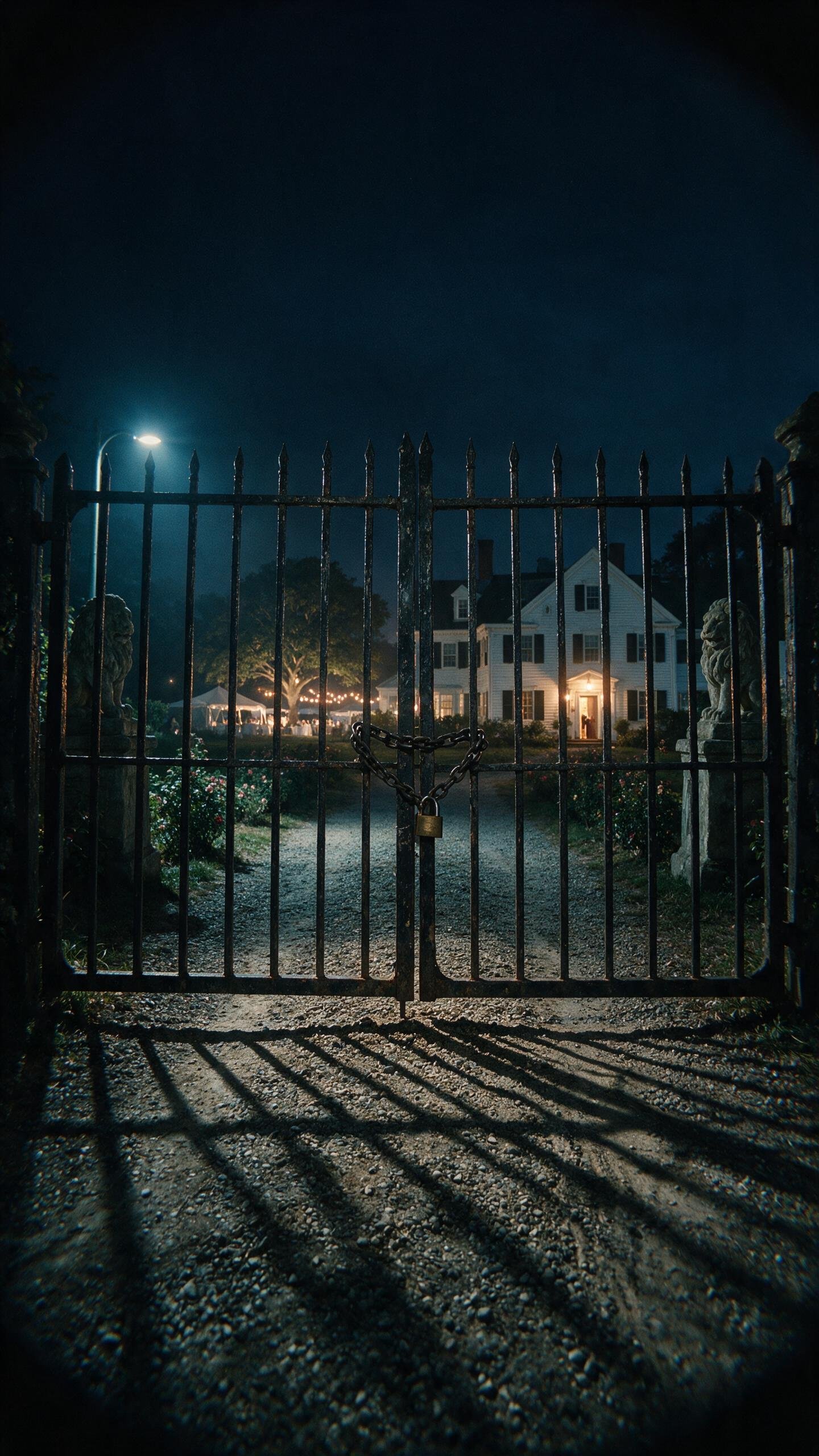 A black iron gate at night, lit by a single garage light